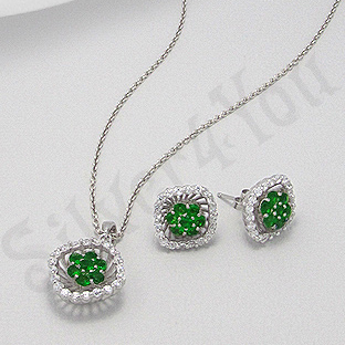 Set argint cercei-pandant zircon verde si alb aspect au - PK2070