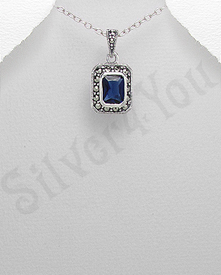 Pandantiv argint albastru dreptunghiular marcasite zirc - PK2361