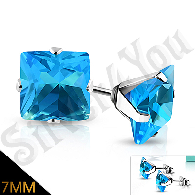 Cercei inox cu zircon bleu/7 mm - PK6058