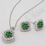 Set argint cercei-pandant zircon verde si alb aspect au - PK2070